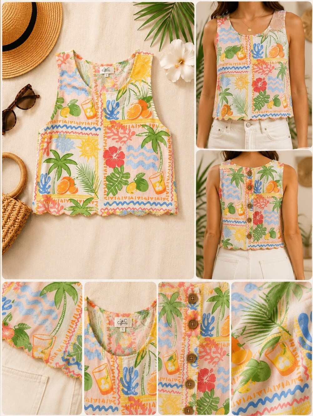C&C California Tropical Linen Blend Crop Tank Button Back L